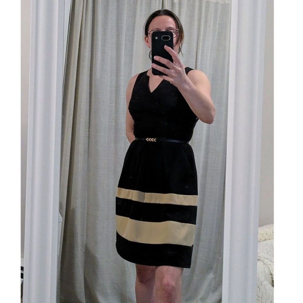 IZ Byer Black & Tan Striped Fit & Flare Belted Dress - Lined